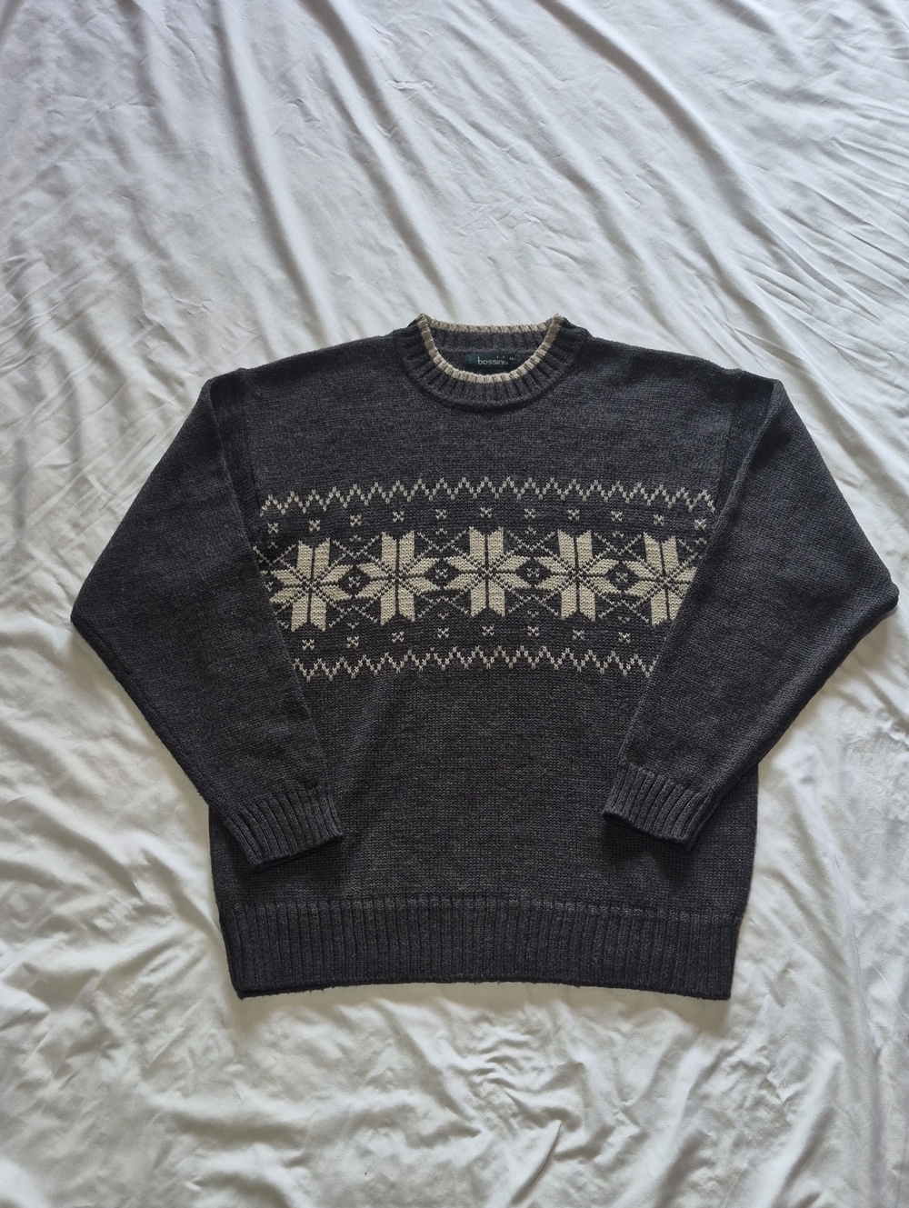 Charcoal Crewneck Fair Isle Style Sweater with Cream Snowflake Pattern Size M